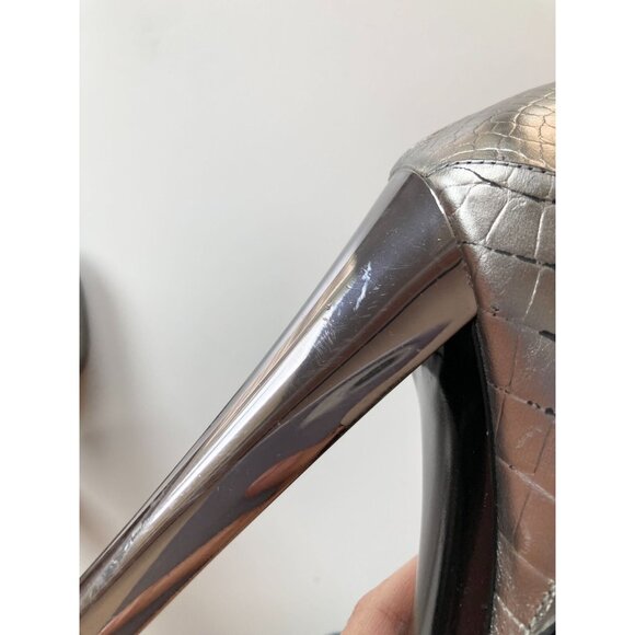 CASADEI Silver Croc-Embossed Leather Mid Calf Platform Mid Calf Boots, Size 6 - Picture 10 of 16